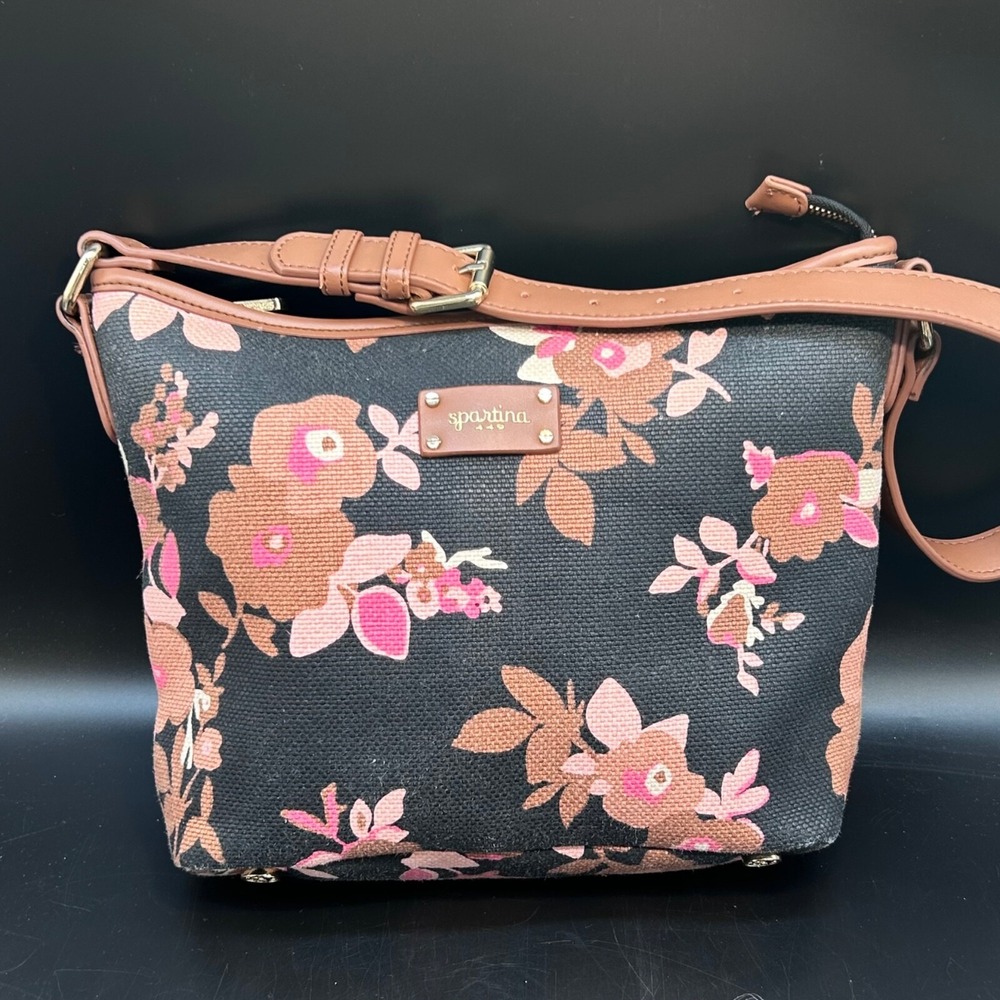 Spartina 449‎ Shoulder Handbag Linen Black Pink Floral Print Leather Trim Medium